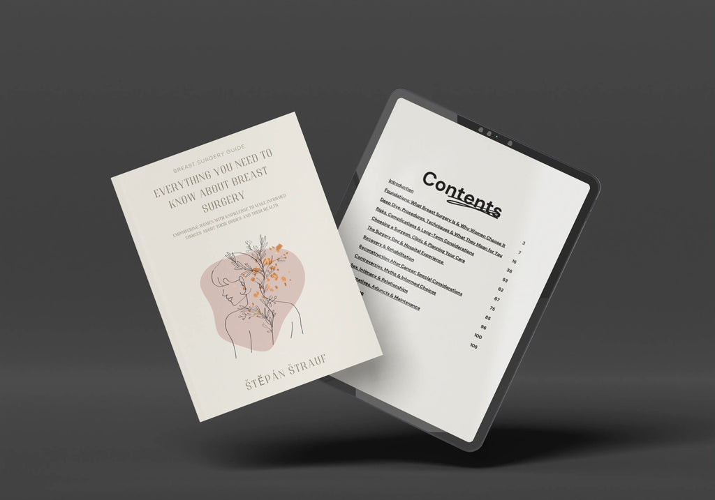 Mockup of the breast surgery ebook showing the introduction page on paper and the contents page on a tablet.