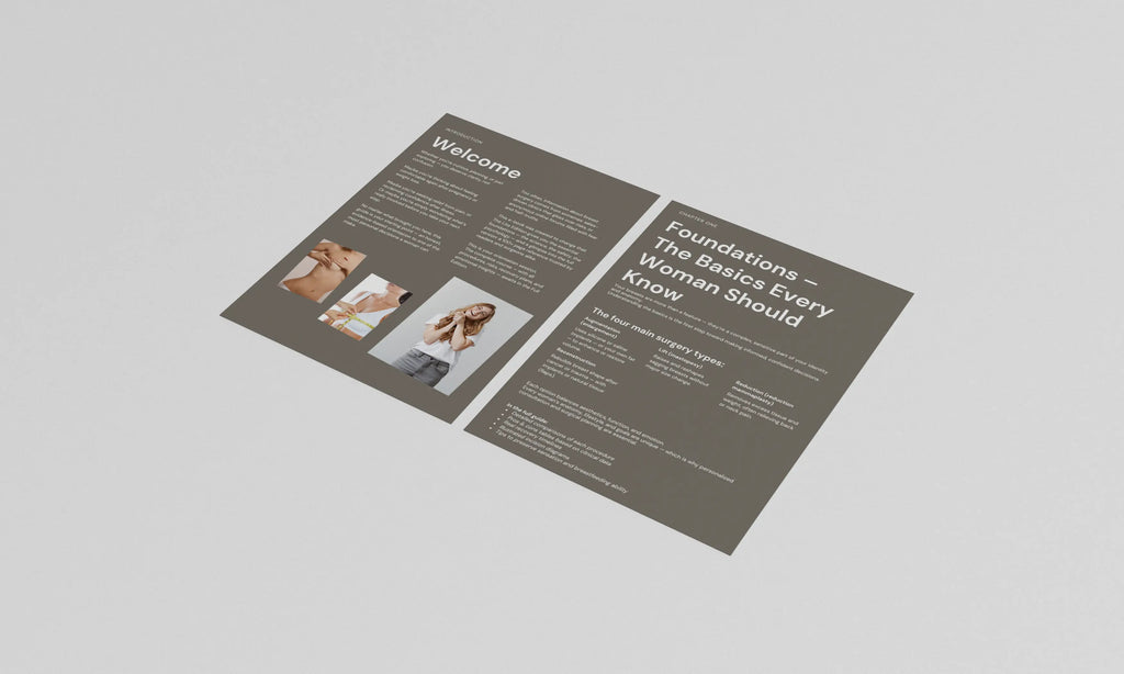 Mockup of two open pages from the free breast surgery ebook, showing educational content about implants and recovery.