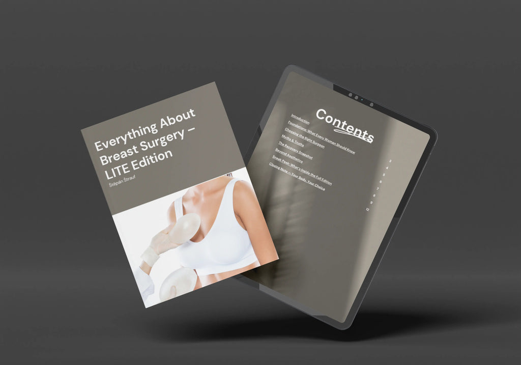 Mockup of the free LITE breast surgery ebook showing the introduction page on paper and the contents page on a tablet.